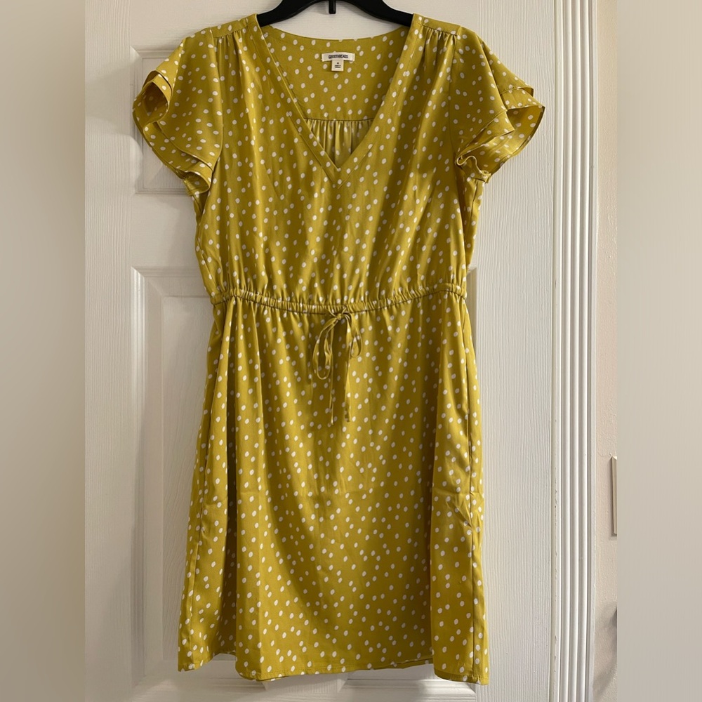 Goodthreads Polkadot Dress Medium Yellow White Drawstring Waist Flutter Sleeve